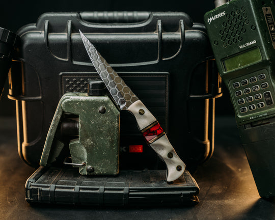 Congressman- Elk Antler, Black & Coyote G10 with Brass Pin Striping, Bloody Basin Jasper Tru Stone Split, Mosaic Pins, Brass Lanyard PIn Textured Grip.