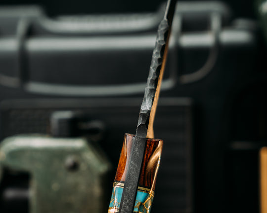 Disaster Jr Gen 3 (.21") - Desert Ironwood, Black G10 & Brass Pin Striping, Turquoise w/ Gold web Split, Ancient Bog Oak, Mosaic Pins, Brass Lanyard Pin, Textured Grip.