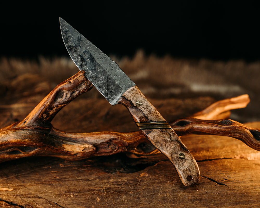 Crow Jr - Spalted Maple, Black & Coyote G10 Pin Striping, Brass split, Mosaic Pins, Brass Lanyard Pin, Textured Grip.
