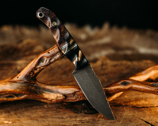 Crow Scalper- Black Burlap Micarta, Black G10 & Brass Pin Striping, Black Burlap Micarta Split, Dyed Black Ash, Mosaic Pins, Textured Grip.