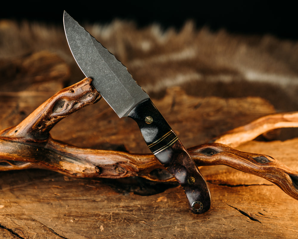 Crow Scalper- Black Burlap Micarta, Black G10 & Brass Pin Striping, Black Burlap Micarta Split, Dyed Black Ash, Mosaic Pins, Textured Grip.