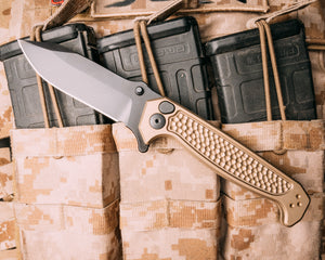 Disaster Folder, Anodized FDE handle, nitride black blade, dimpled Grip, deep carry pocket clip