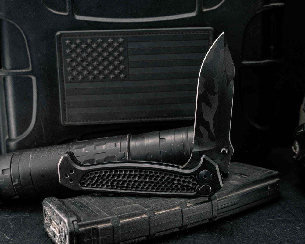 Custom Disaster Folder - Anodized Black Handle, Black Multicam Cerakote Blade, Grenade Stippled Grip, Deep Carry Clip