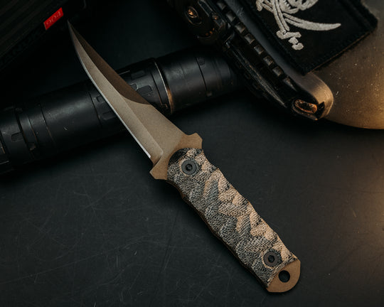 Combat Filet - Black Canvas Micarta, Midnight Bronze Cerakote, Allen Bolts, Chaos Grip