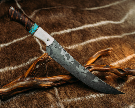 Butcher Blade - Black G10 and Brass Pin Striping, Turquoise with Gold Web Tru-stone Split, Hawaiian Curly Koa, Mosaic Pins, 1/8" Brass Pin, Smooth Grip