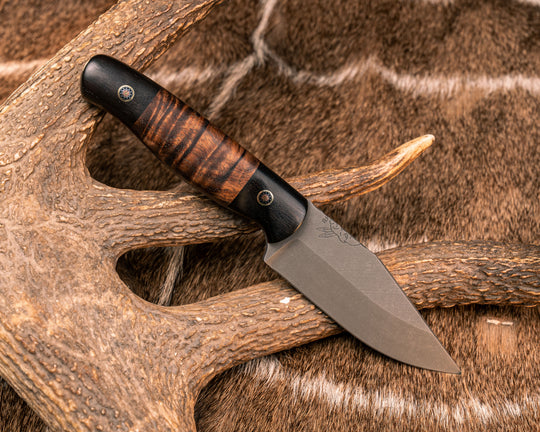 Modified Crow Jr- African Black Wood, Hawaiian Curly Koa Split, Brown Canvas Micarta Liner, Mosaic Pins, Smooth Grip