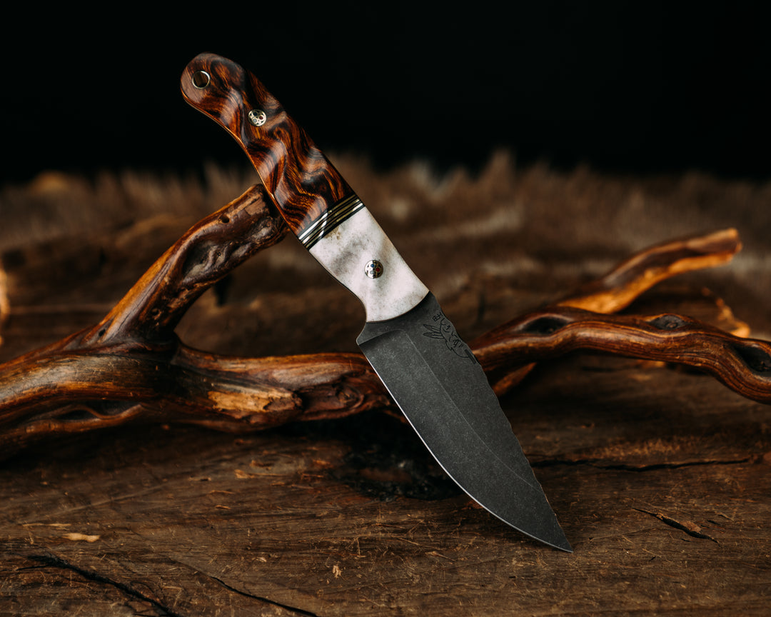 Crow Jr - Elk Antler, Black & Coyote G10 Pin Striping, Brass Splits, Desert Ironwood, Mosaic Pins, Textured Grip