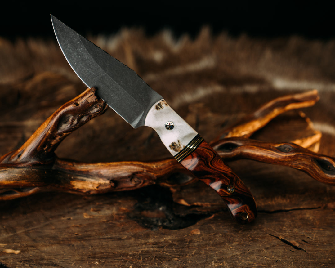 Crow Jr - Elk Antler, Black & Coyote G10 Pin Striping, Brass Splits, Desert Ironwood, Mosaic Pins, Textured Grip