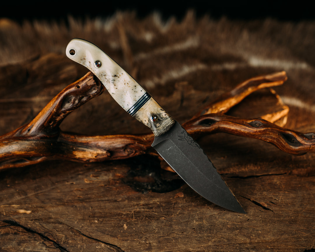 Crow Jr - Buckeye, Black G10 & Aluminum Split, Giraffe Bone, Patriot Mosaic Piins. Brass Lanyard Pin, Textured Grip.