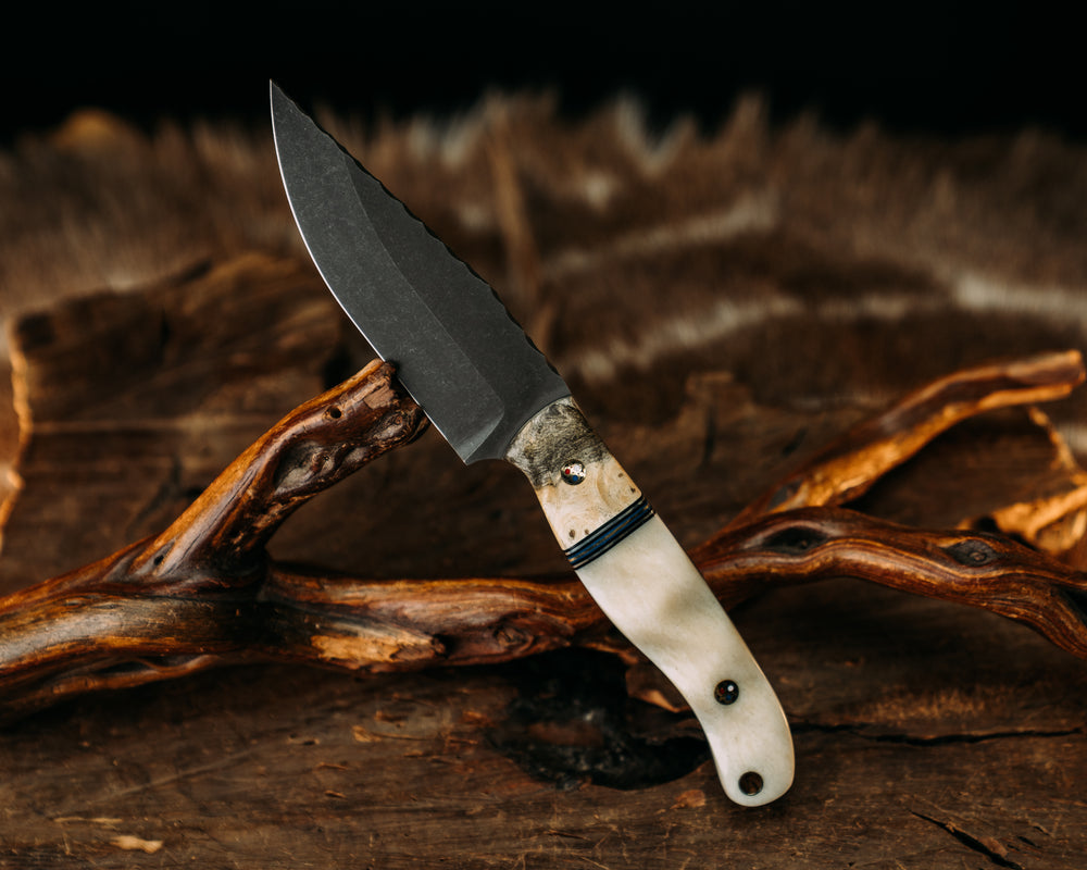 Crow Jr - Buckeye, Black G10 & Aluminum Split, Giraffe Bone, Patriot Mosaic Piins. Brass Lanyard Pin, Textured Grip.