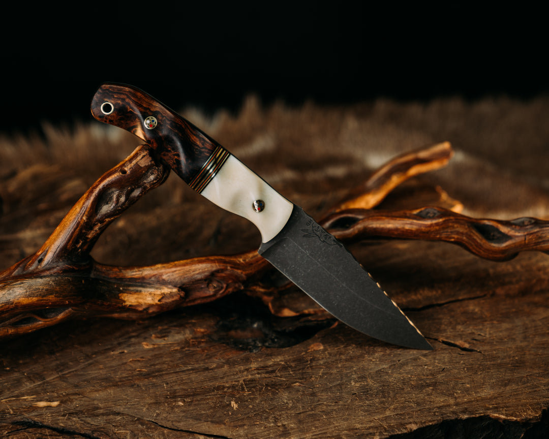 Crow Jr - Giraffe Bone, Black, Green & Orange G10 w/ Brass Splits, Desert Ironwood, Patriot Mosaic Pins, Textured Grip.