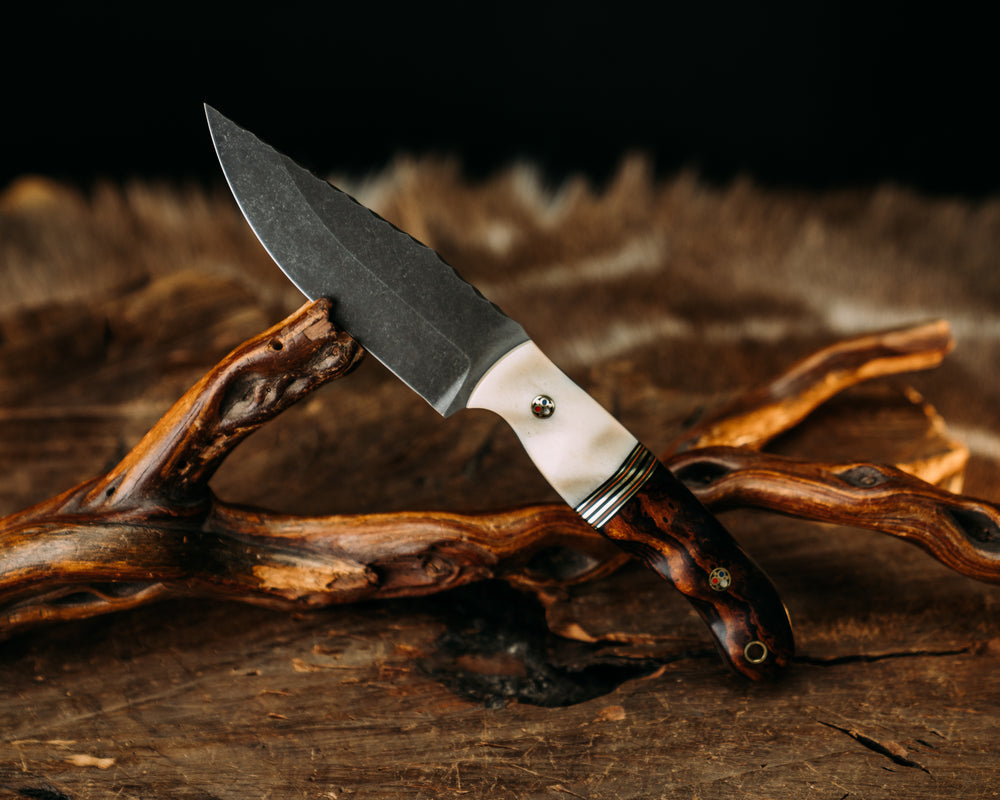 Crow Jr - Giraffe Bone, Black, Green & Orange G10 w/ Brass Splits, Desert Ironwood, Patriot Mosaic Pins, Textured Grip.