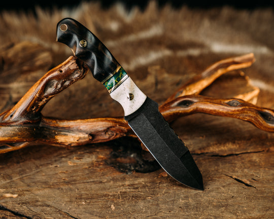 Disaster Jr Gen 3 (.21") - Giraffe Bone, Black G10 & Brass Pin Striping, Arizona Jade Tru Stone Split, Gabon Ebony, Mosaic Pins, Brass Lanyard P.in, Textured Grip.