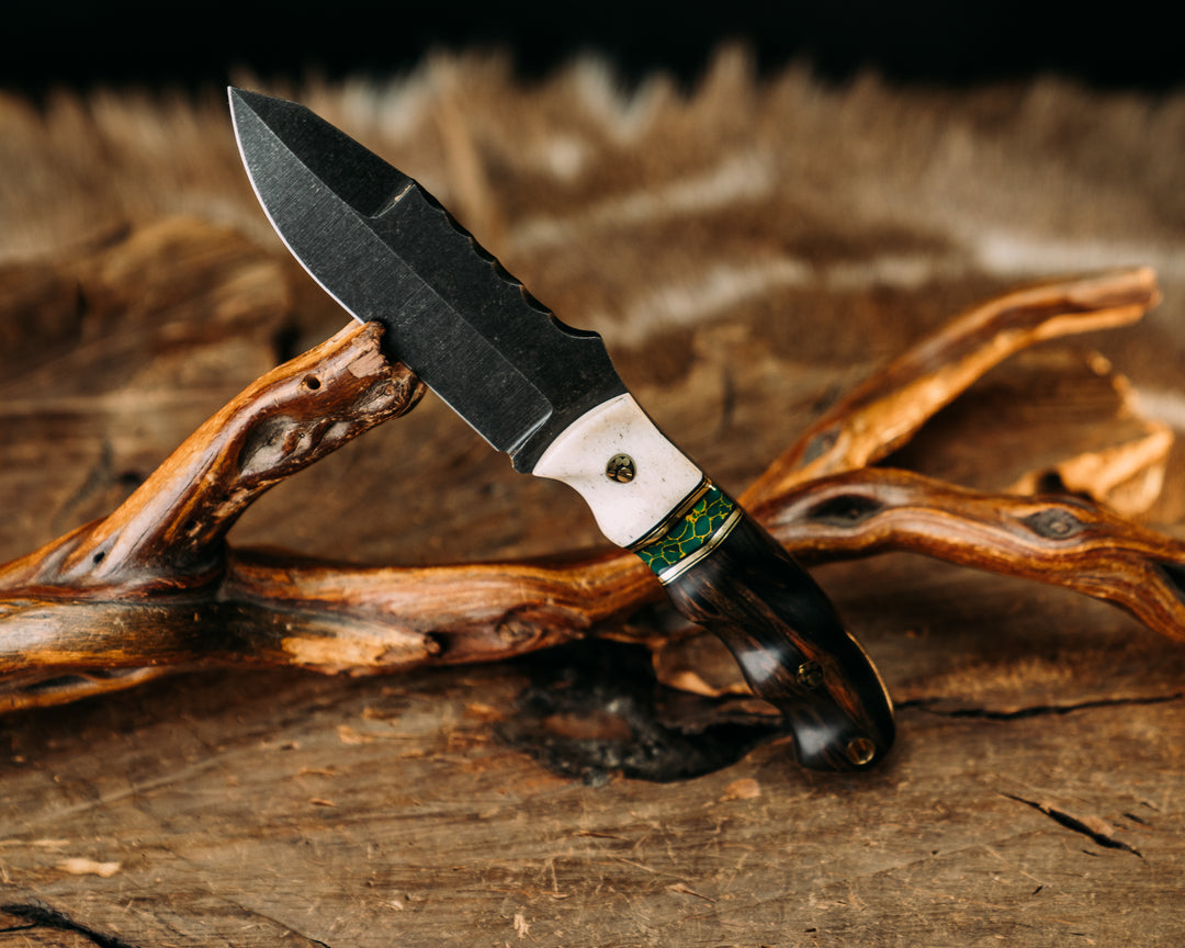 Disaster Jr Gen 3 (.21") - Giraffe Bone, Black G10 & Brass Pin Striping, Arizona Jade Tru Stone Split, Gabon Ebony, Mosaic Pins, Brass Lanyard P.in, Textured Grip.