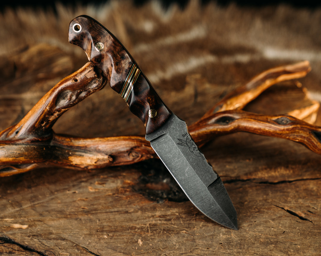 Disaster Jr Gen 3 (.21") -  Desert Ironwood,  Black, Green & Orange G10 w/ Brass Splits, Curly Maple, Mosaic Pins, Textured Grip, Brass Lanyard Pin, Textured grip.