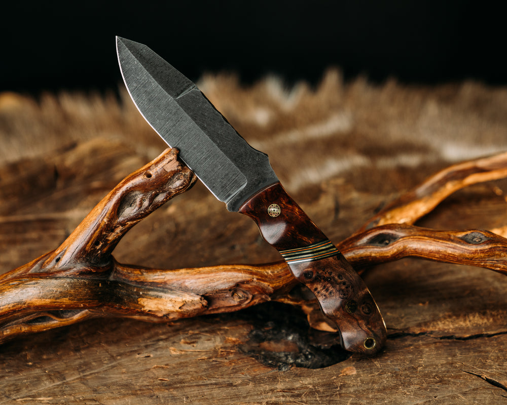 Disaster Jr Gen 3 (.21") -  Desert Ironwood,  Black, Green & Orange G10 w/ Brass Splits, Curly Maple, Mosaic Pins, Textured Grip, Brass Lanyard Pin, Textured grip.