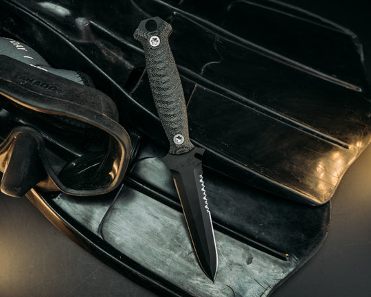Dive Knife - Black Canvas Micarta, Armor Black Cerakote, Allen Bolts, Iron Grip.