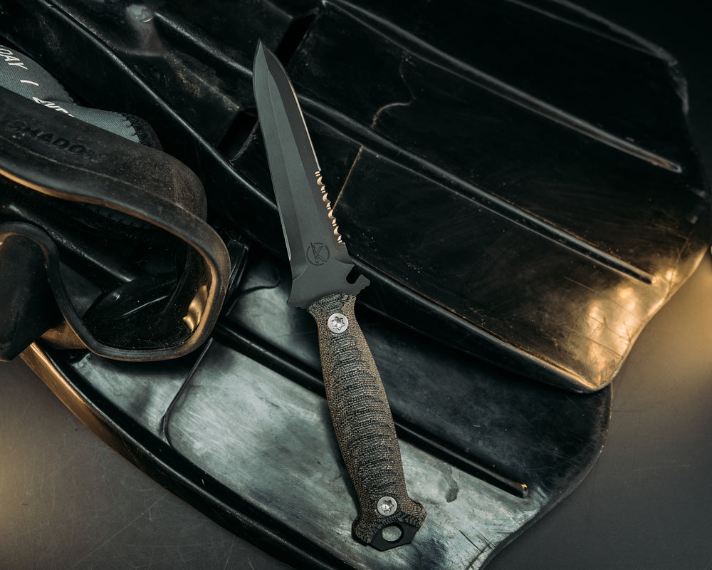 Dive Knife - Black Canvas Micarta, Armor Black Cerakote, Allen Bolts, Iron Grip.