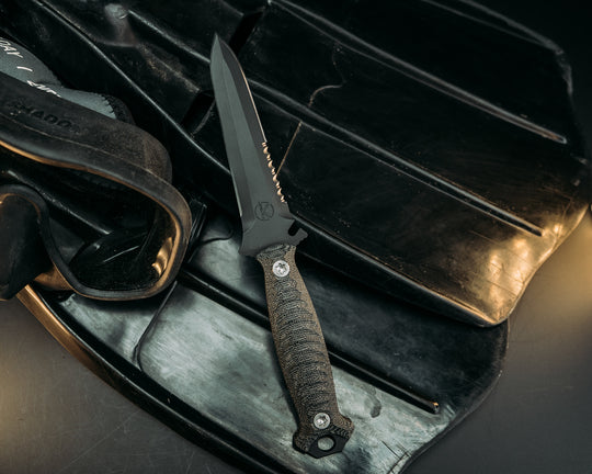 Dive Knife - Black Canvas Micarta, Armor Black Cerakote, Allen Bolts, Iron Grip.