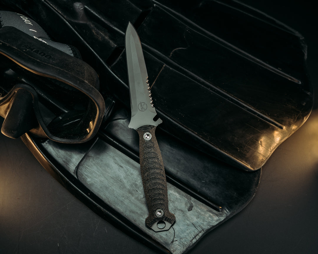 Dive Knife - Black Canvas Micarta, Steel Gray Cerakote, Allen Bolts, Iron Grip.