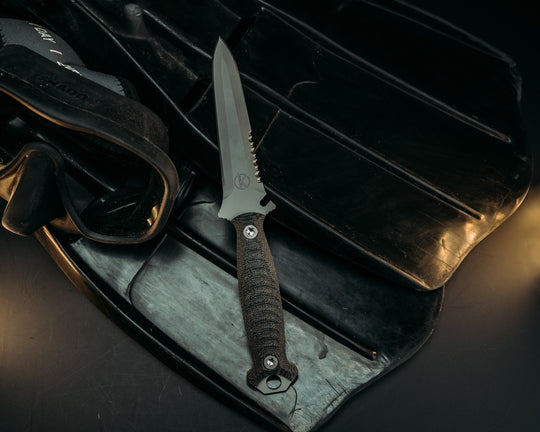 Dive Knife - Black Canvas Micarta, Steel Gray Cerakote, Allen Bolts, Iron Grip.