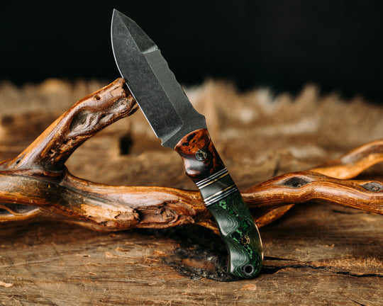 Disaster Cub Gen 3 - Desert Ironwood, Black G10 w/ Aluminum & Brass Pin Striping, Carbon Fiber Split,  Junglewear Carbon Fiber, Mosaic Pins, Textured Grip.