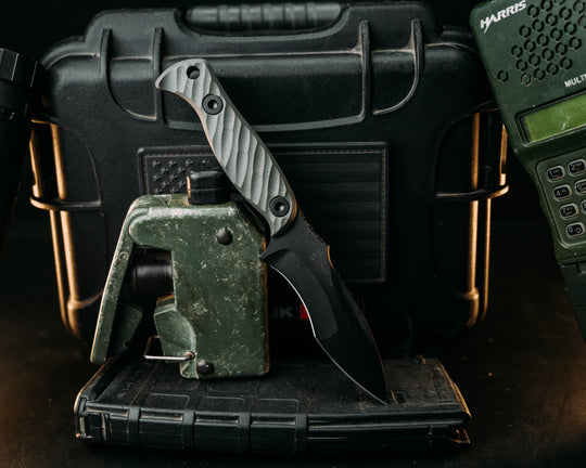 Extremis MK1 - Grey w/ Red Liner G10, Armor Black Cerakote, Allen Bolts, Hollow Lanyard Hole, Textured Grip.