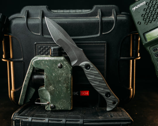 Extremis MK1 - Grey w/ Red Liner G10, Allen Bolts, Hollow Lanyard Hole, Textured Grip.