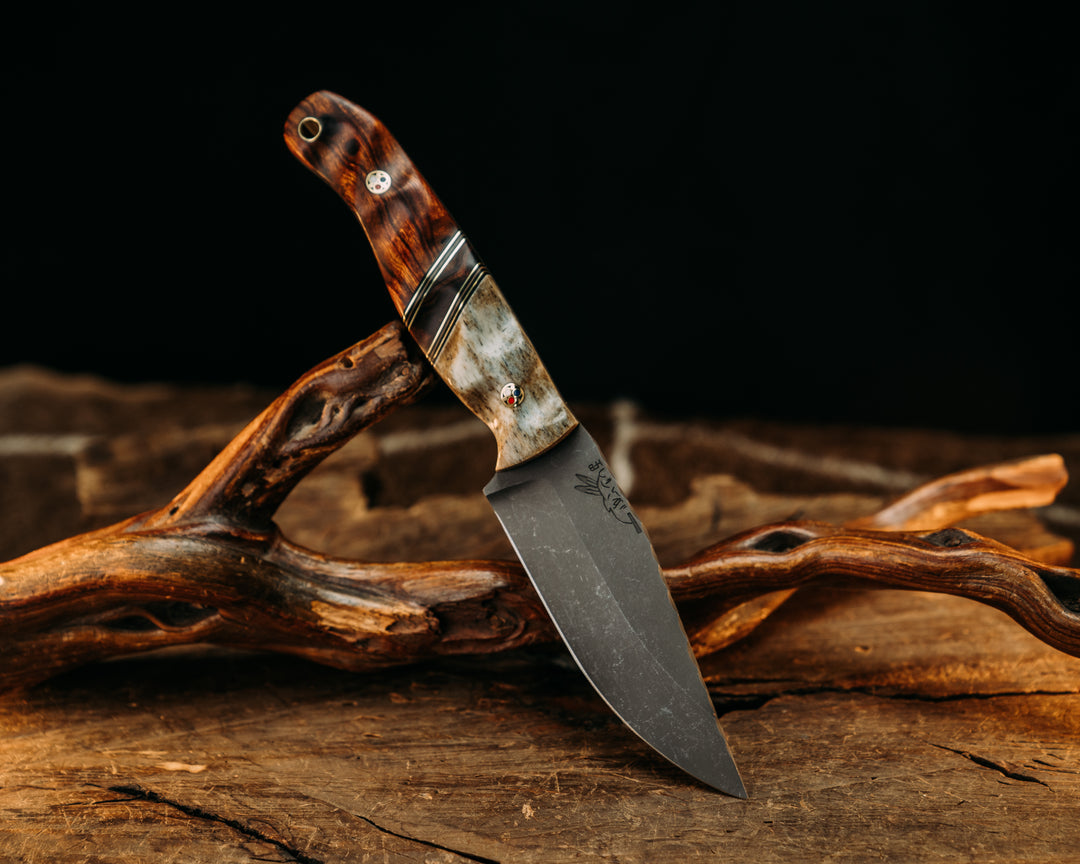 Crow Jr - Giraffe Bone, Black G10 & Brass Pin Stripping, Desert Ironwood Split, Desert Ironwood, Patriot Mosaic Pins, Textured Grip.