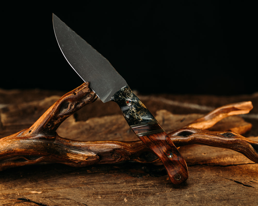 Crow Jr - Giraffe Bone, Black G10 & Brass Pin Stripping, Desert Ironwood Split, Desert Ironwood, Patriot Mosaic Pins, Textured Grip.