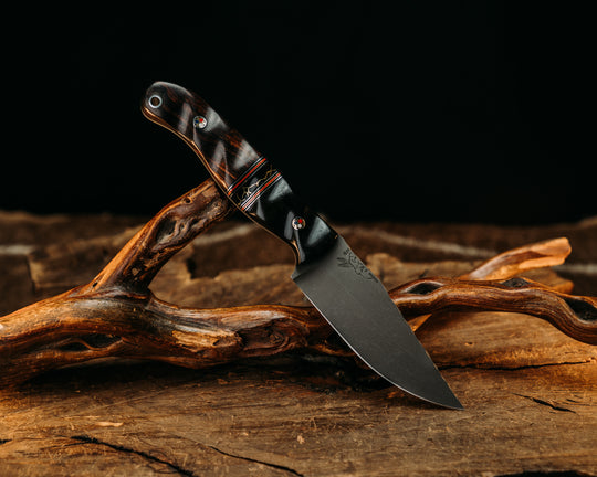 Crow Jr - Bison Horn, Blaxk & Red G10 w/ Brass & Aluminum Pin Striping, Black w/ Gold Web Tru Stone Split, Desert Ironwood, Patriot Pins, Aluminum Lanyard Pin, Textured Grip.