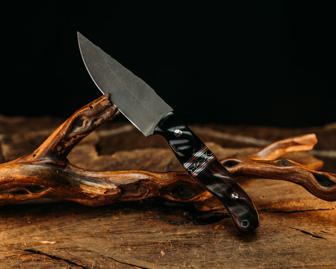 Crow Jr - Bison Horn, Blaxk & Red G10 w/ Brass & Aluminum Pin Striping, Black w/ Gold Web Tru Stone Split, Desert Ironwood, Patriot Pins, Aluminum Lanyard Pin, Textured Grip.