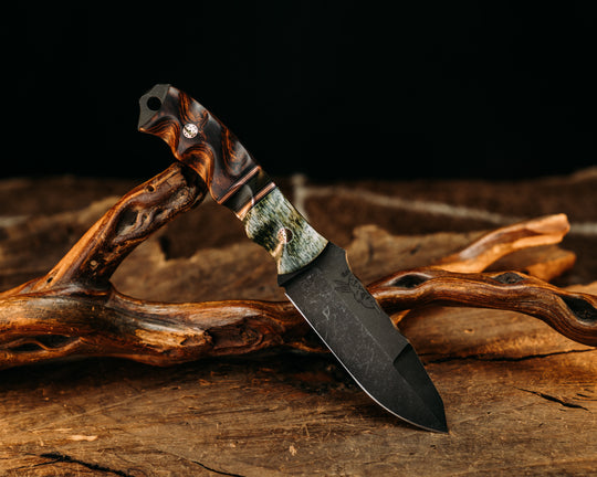Disaster Jr Gen 3 - Dyed Giraffe, Black G10 & Copper Pin Stripping, Carbon FIber Split, Desert Ironwood, Mosaic Pins, Textured Grip.