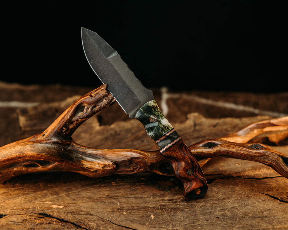 Disaster Jr Gen 3 - Dyed Giraffe, Black G10 & Copper Pin Stripping, Carbon FIber Split, Desert Ironwood, Mosaic Pins, Textured Grip.