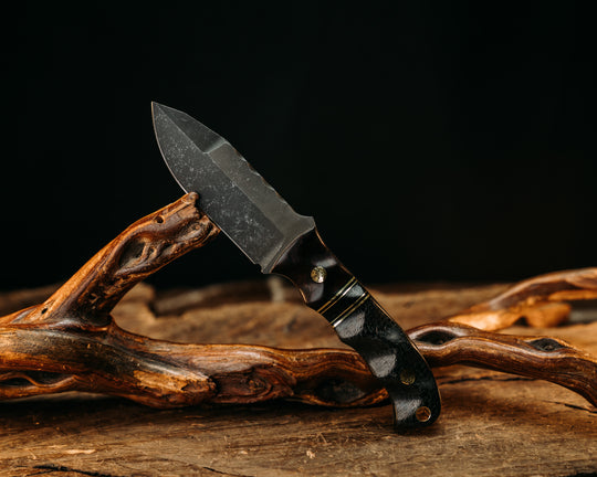 Disaster Cub Gen 3 - Desert Ironwood, Black G10 & Brass Pin Striping, Black Micarta Split, Weaved Carbon Fiber, Mosaic Pins. textured Grip