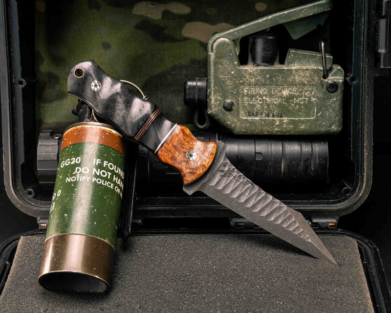 Combat Dirt Nap- Afzelia Burl, Black G10 and Copper Pin Striping, African Blackwood Split, Dyed Black Ash, Mosaic Pins, Copper Lanyard Pin, Textured Grip