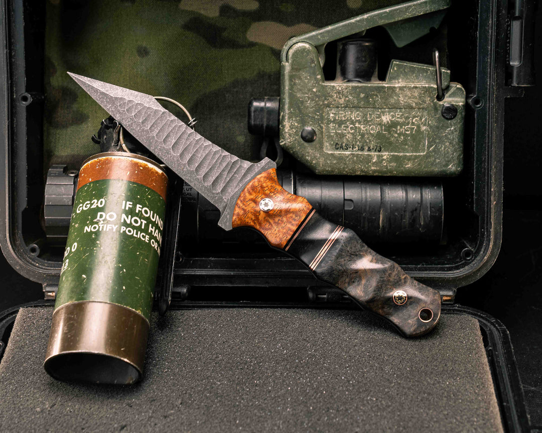 Combat Dirt Nap- Afzelia Burl, Black G10 and Copper Pin Striping, African Blackwood Split, Dyed Black Ash, Mosaic Pins, Copper Lanyard Pin, Textured Grip