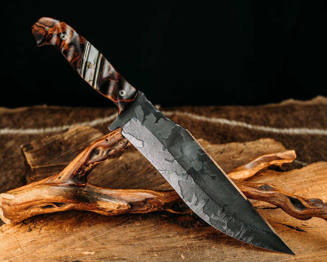 American Bowie - Desert Ironwood, Black & White G10 w/ Brass Pin Striping, White w/ Gold Web Tru Stone Split, Mosaic Pins, Textured Grip.