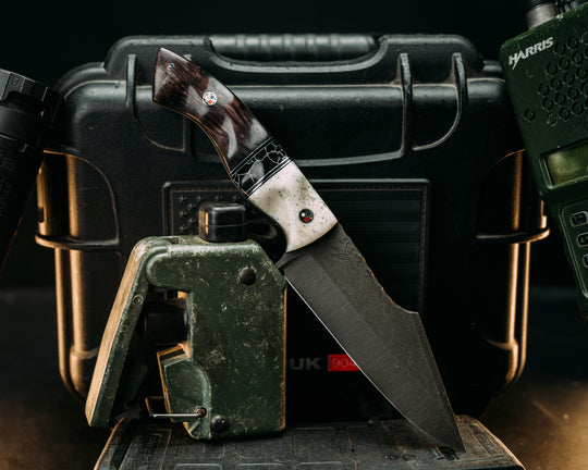 Widow Maker - Giraffe Bone, Black G10 & Aluminum Pin Striping, Black w/ White Web Tru Stone Split, Dyed Curly Mango, Patriot Mosaic Pins, Textured Grip.