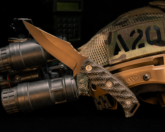 Tosahwi- Black Burlap Micarta, Midnight Bronze Cerakote, Ti Torx Bolts, Textured Grip