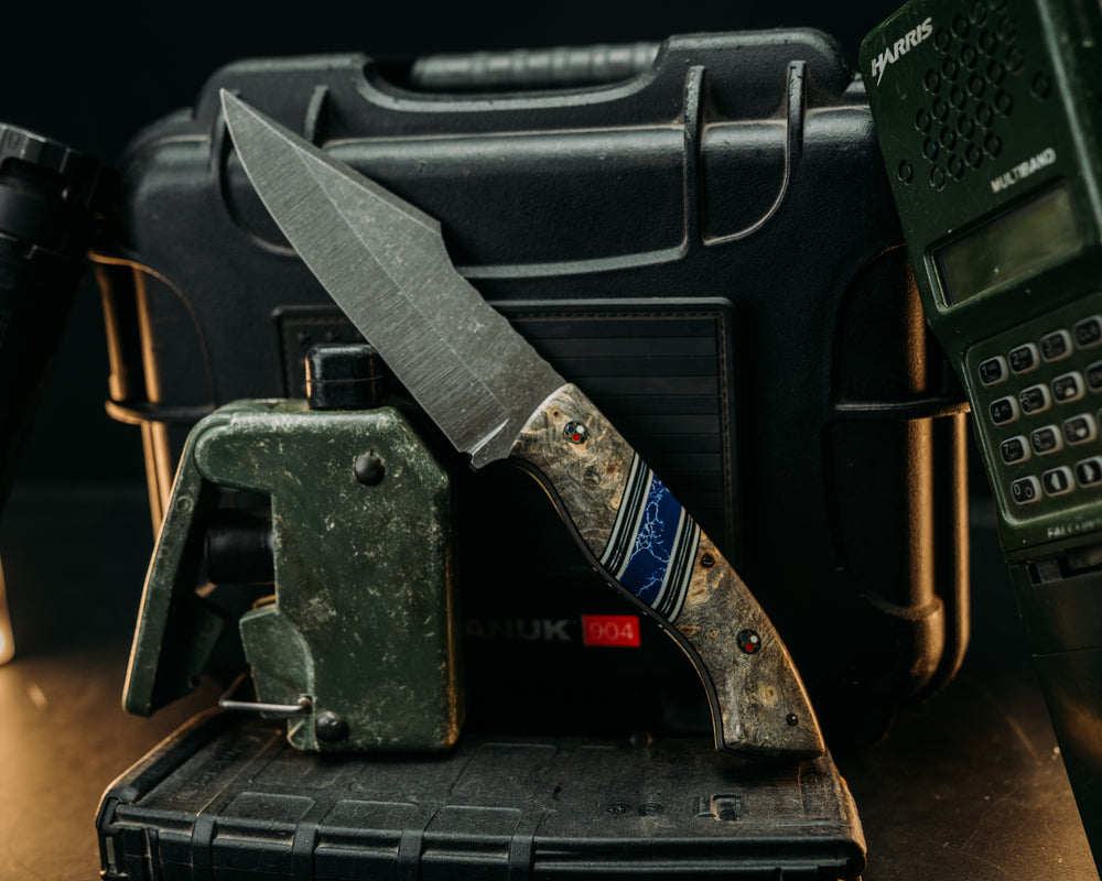 Widow Maker - Buckeye, Black & White G10 w/ Aluminum Pin Stripping, Sodalite Tru Stone Split, Patriot Mosaic Pins, Smooth Grip
