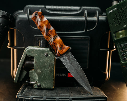 Combat Dagger- Desert Ironwood, Black & OD Green G10 w/ Copper Pin Split, Moasic Pins, CF Lanyard Pin, Textured Grip