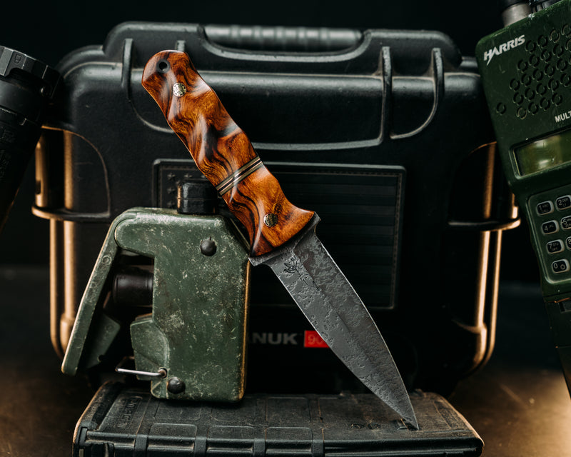 Combat Dagger- Desert Ironwood, Black & OD Green G10 w/ Copper Pin Split, Moasic Pins, CF Lanyard Pin, Textured Grip