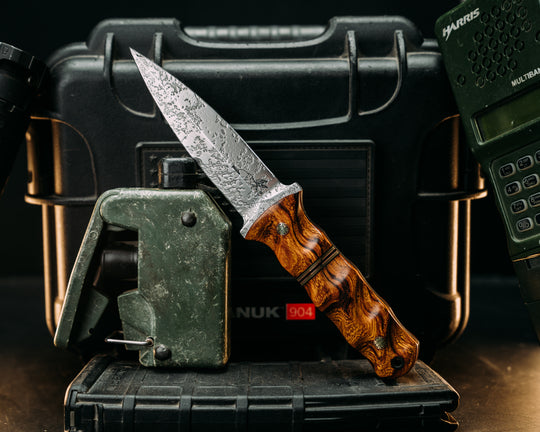 Combat Dagger- Desert Ironwood, Black & OD Green G10 w/ Copper Pin Split, Moasic Pins, CF Lanyard Pin, Textured Grip