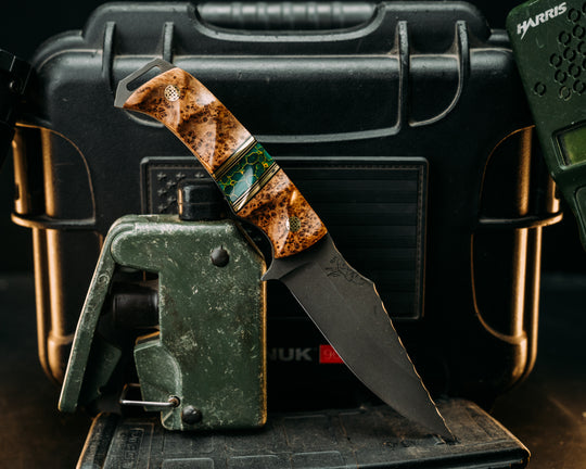 Tosahwi - Black Ash, Black G10 & Brass Pin Striping, Arizona Jade Tru Stone Split, Mosaic Pins, Textured Grip.