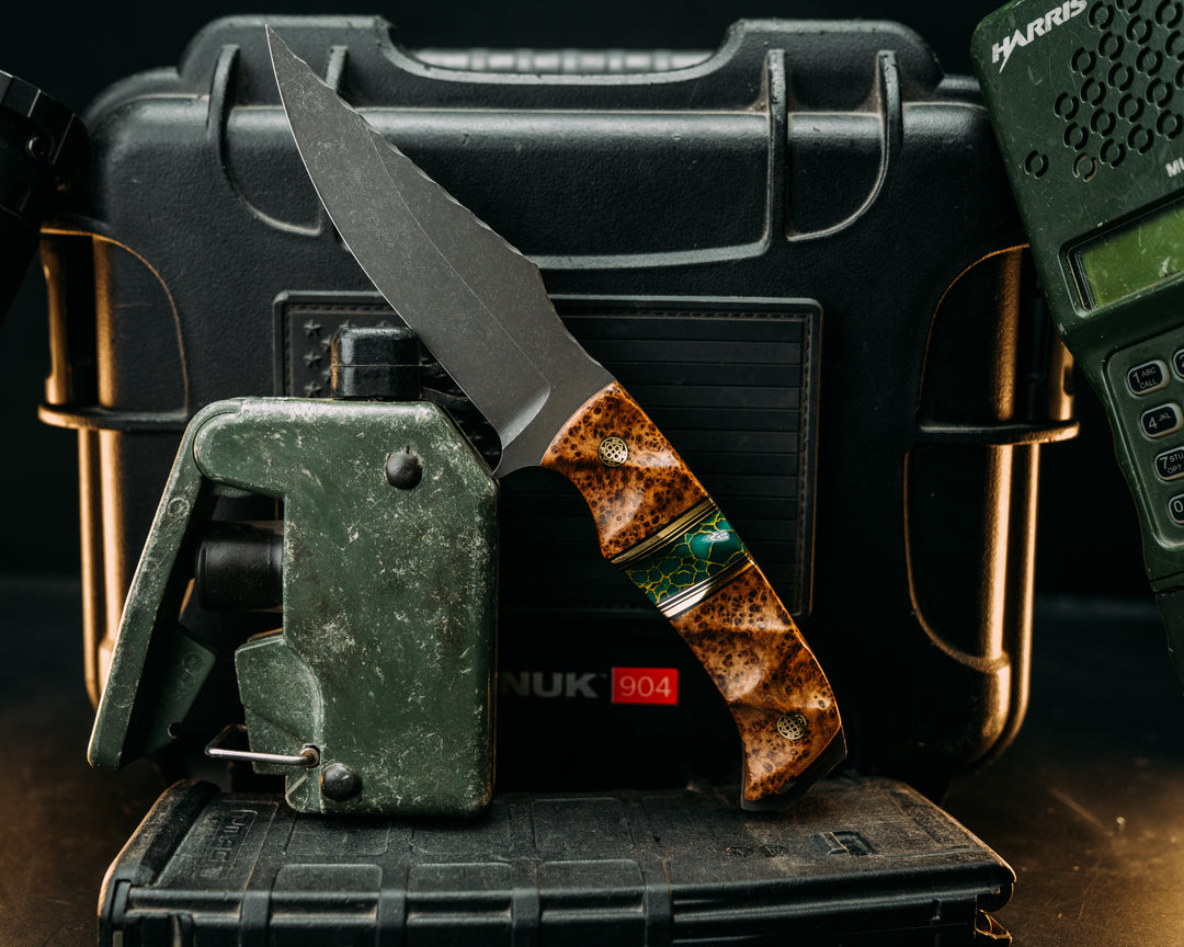 Tosahwi - Black Ash, Black G10 & Brass Pin Striping, Arizona Jade Tru Stone Split, Mosaic Pins, Textured Grip.
