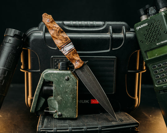 Fairbairn Sykes- Black Ash, Black G10 & Copper Pin Striping, White w/ Copper Web Split, Textured Grip.