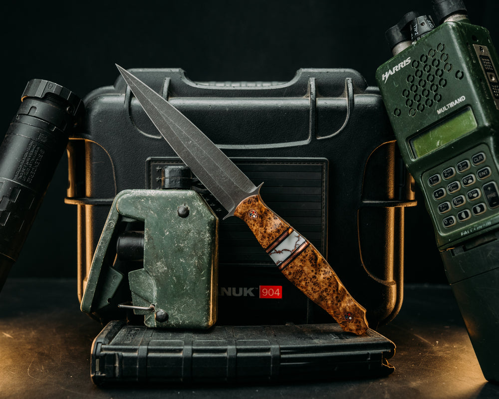Fairbairn Sykes- Black Ash, Black G10 & Copper Pin Striping, White w/ Copper Web Split, Textured Grip.