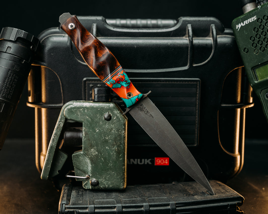 Fairbairn Sykes- Sonoran Sunset Tru Stone, Black & Red G10 w/ Brass & Aluminum Split, Desert Ironwood, Mosaic Pins, Textured Grip.