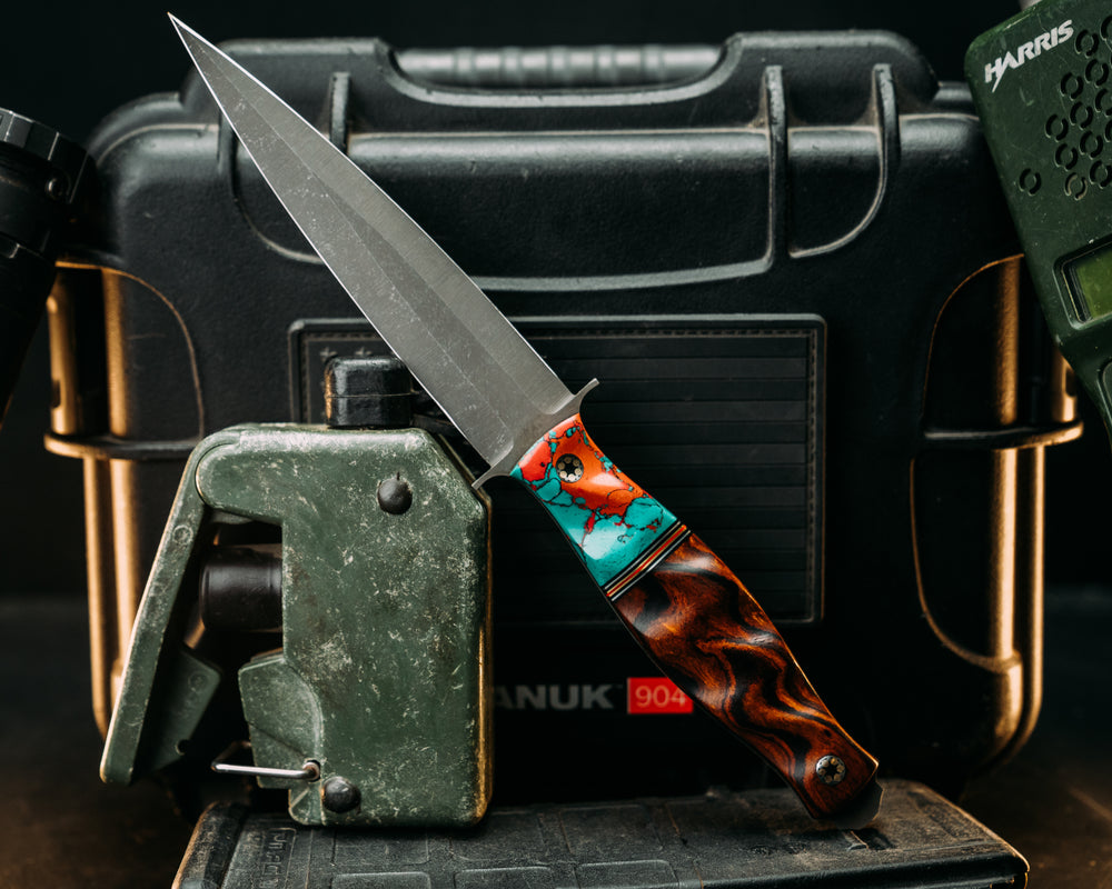 Fairbairn Sykes- Sonoran Sunset Tru Stone, Black & Red G10 w/ Brass & Aluminum Split, Desert Ironwood, Mosaic Pins, Textured Grip.